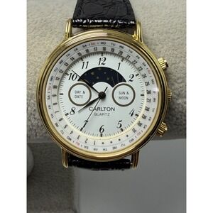 Carlton New Battery Moon Phase Mens Watch 37MM 7.75" Leather Band Vintage